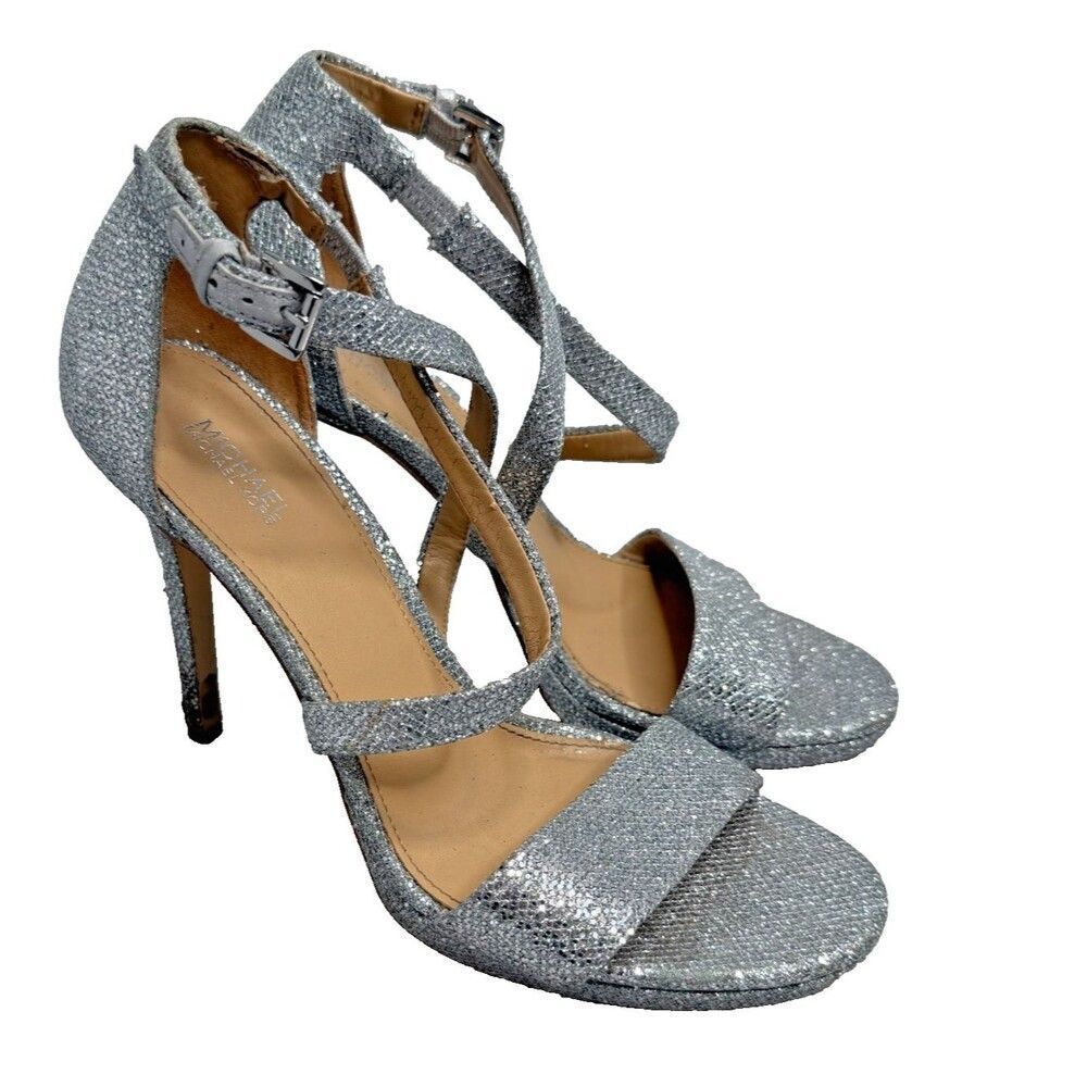 Michael Kors Open Toe Strappy Heel Glitter Silver Size 8M - 4.5" Heel